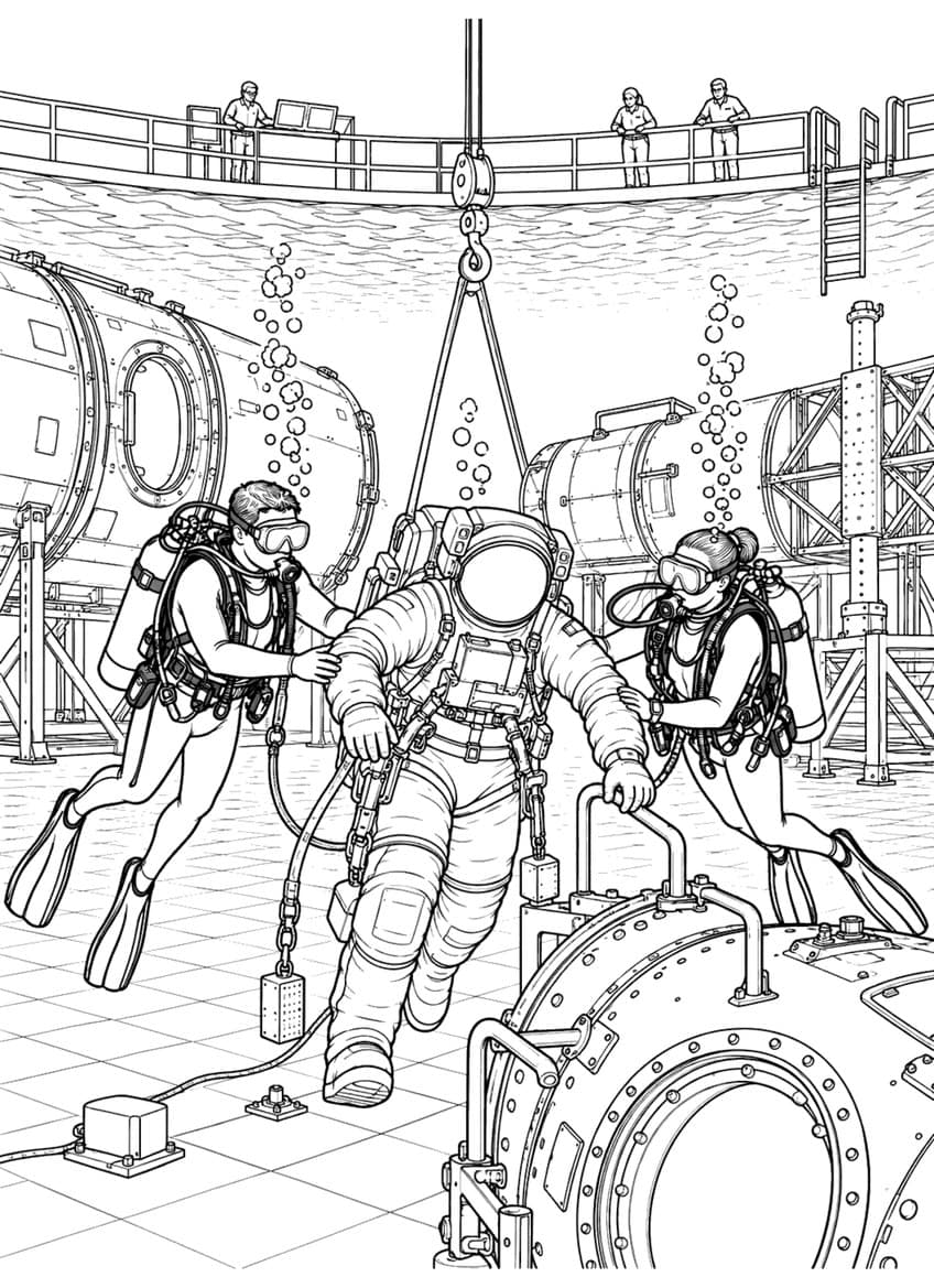 Coloring page of an astronaut training underwater with two scuba divers beside space station modules