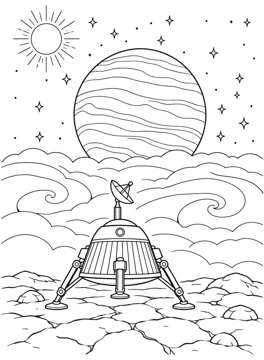 Coloring page of a space lander on rocky ground with swirling clouds, a striped planet and the sun