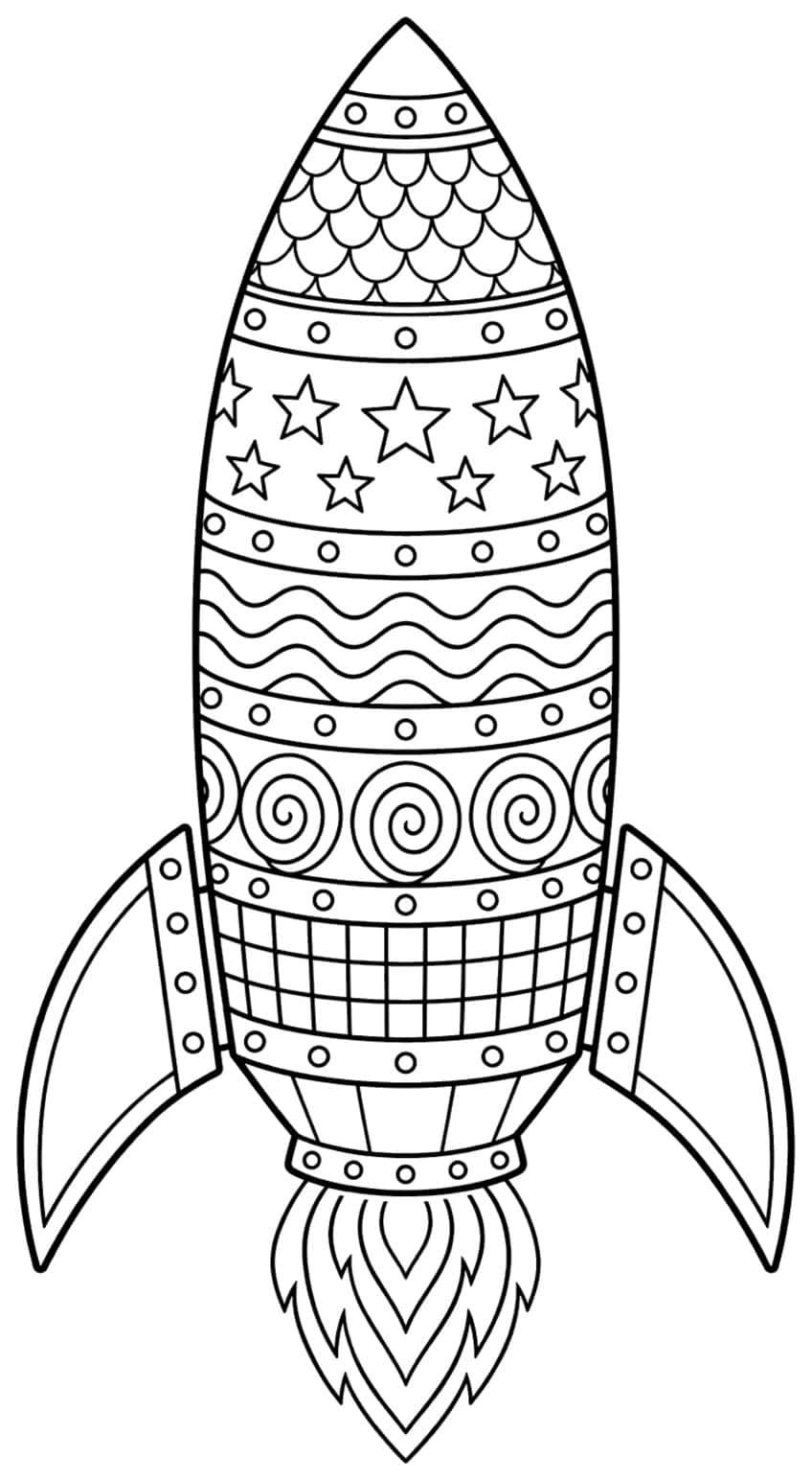 Coloring page of a rocket decorated with bands of stars, waves, spirals and grid patterns