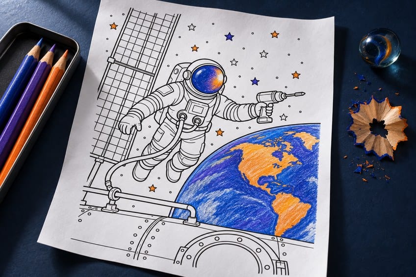 space coloring page partly colored in with pencils