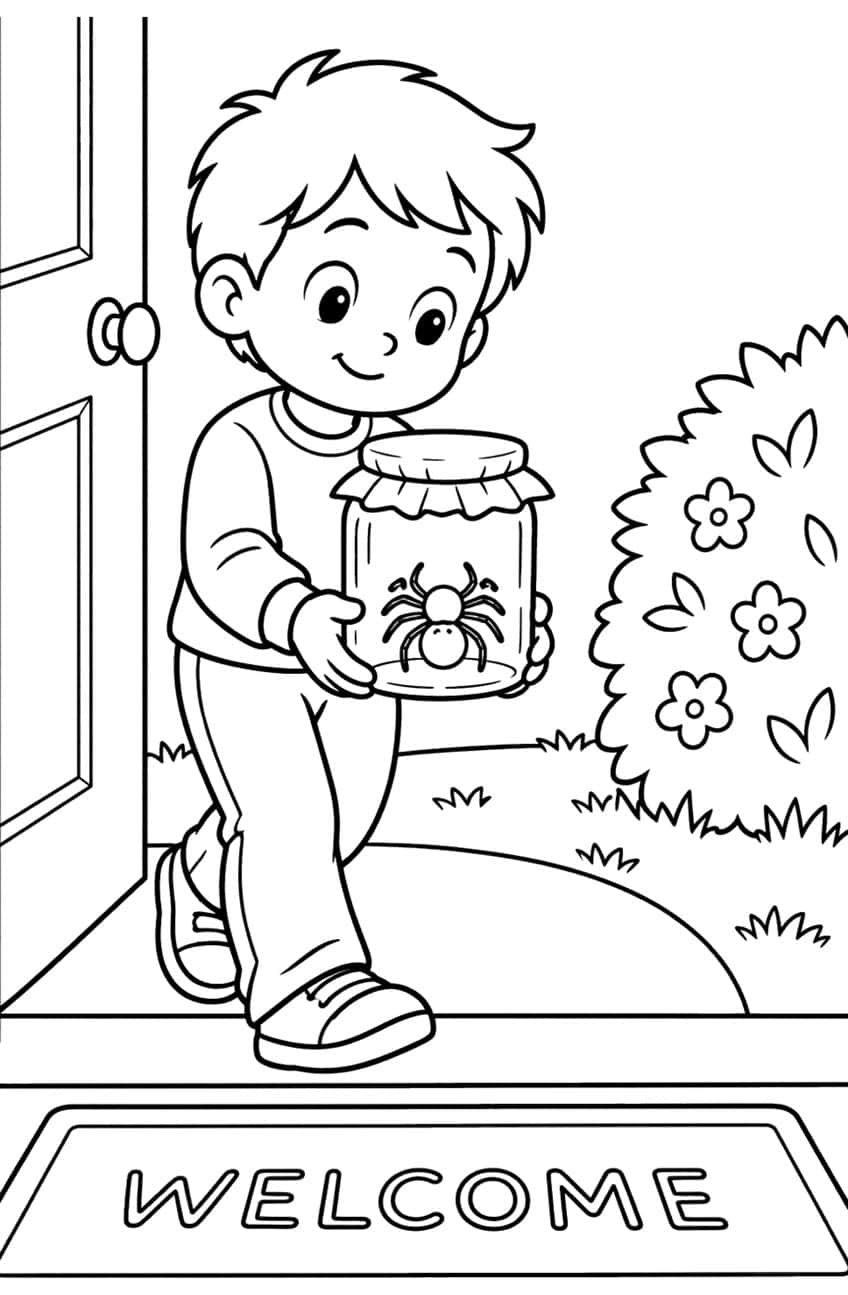 Boy carrying a jar with a spider past a door, flowering bush and WELCOME doormat