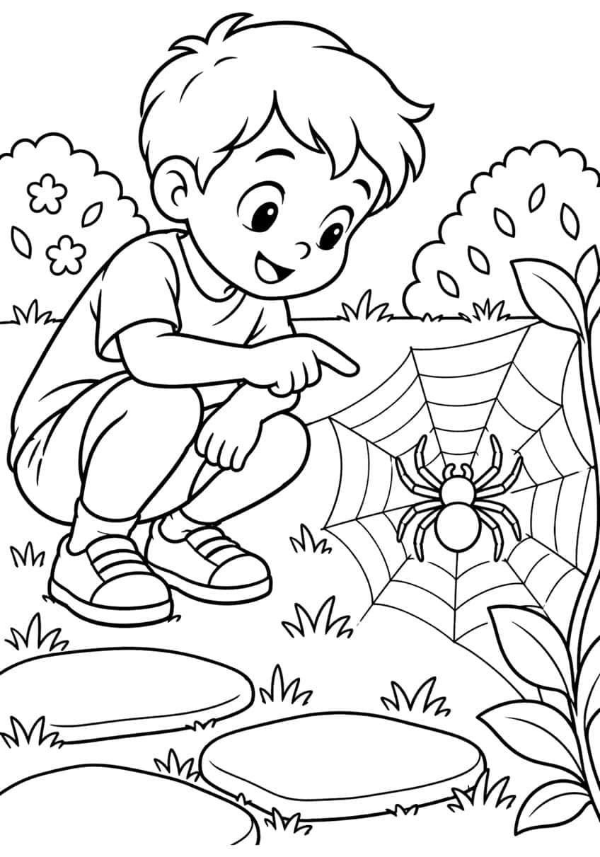 Boy crouching and pointing at a spider in its web, with bushes, stepping stones and grass
