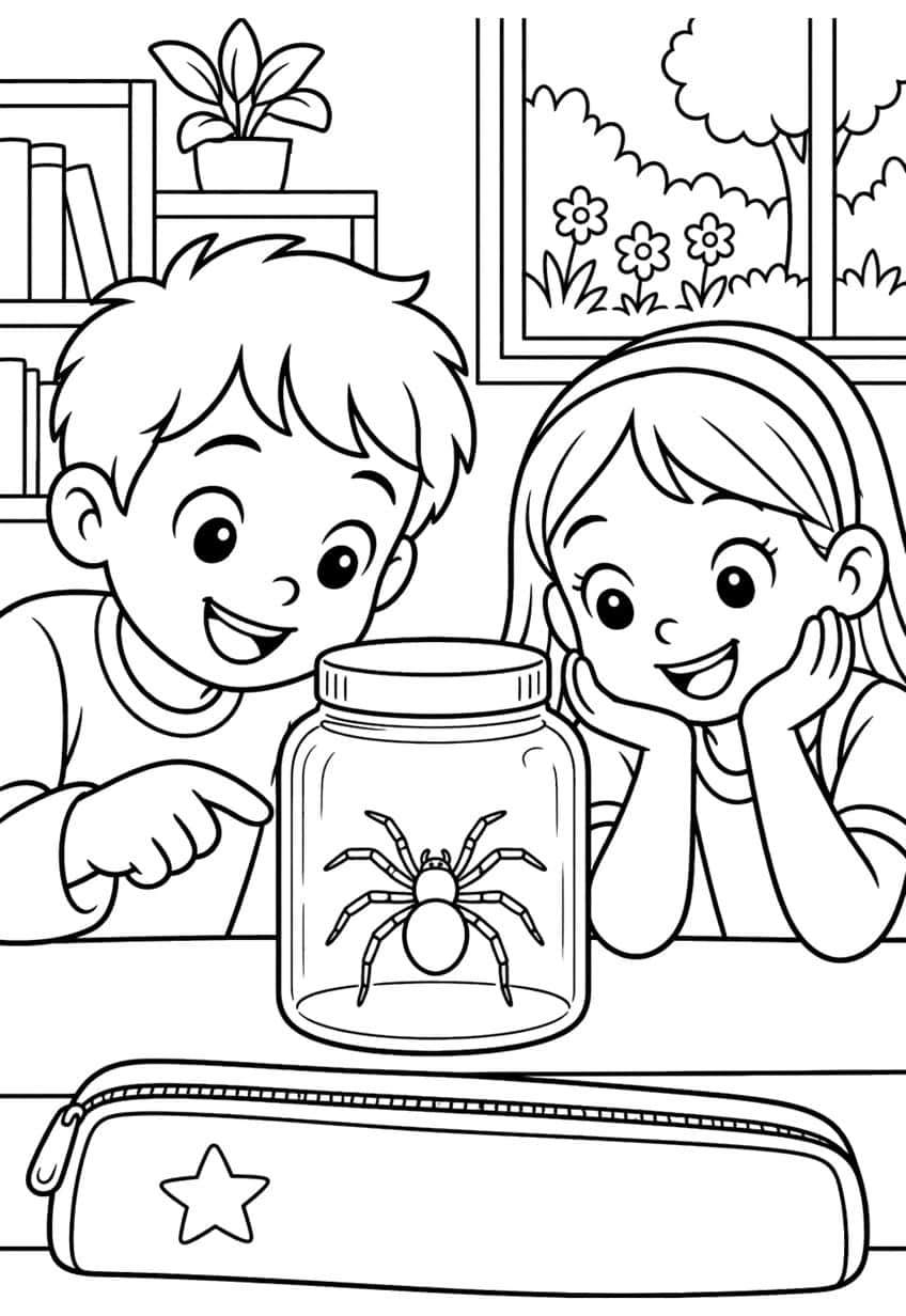 Boy and girl looking at a spider in a glass jar, with pencil case, bookshelf and window