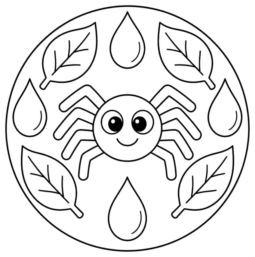 Circular mandala with a smiling spider surrounded by four leaves and four raindrops