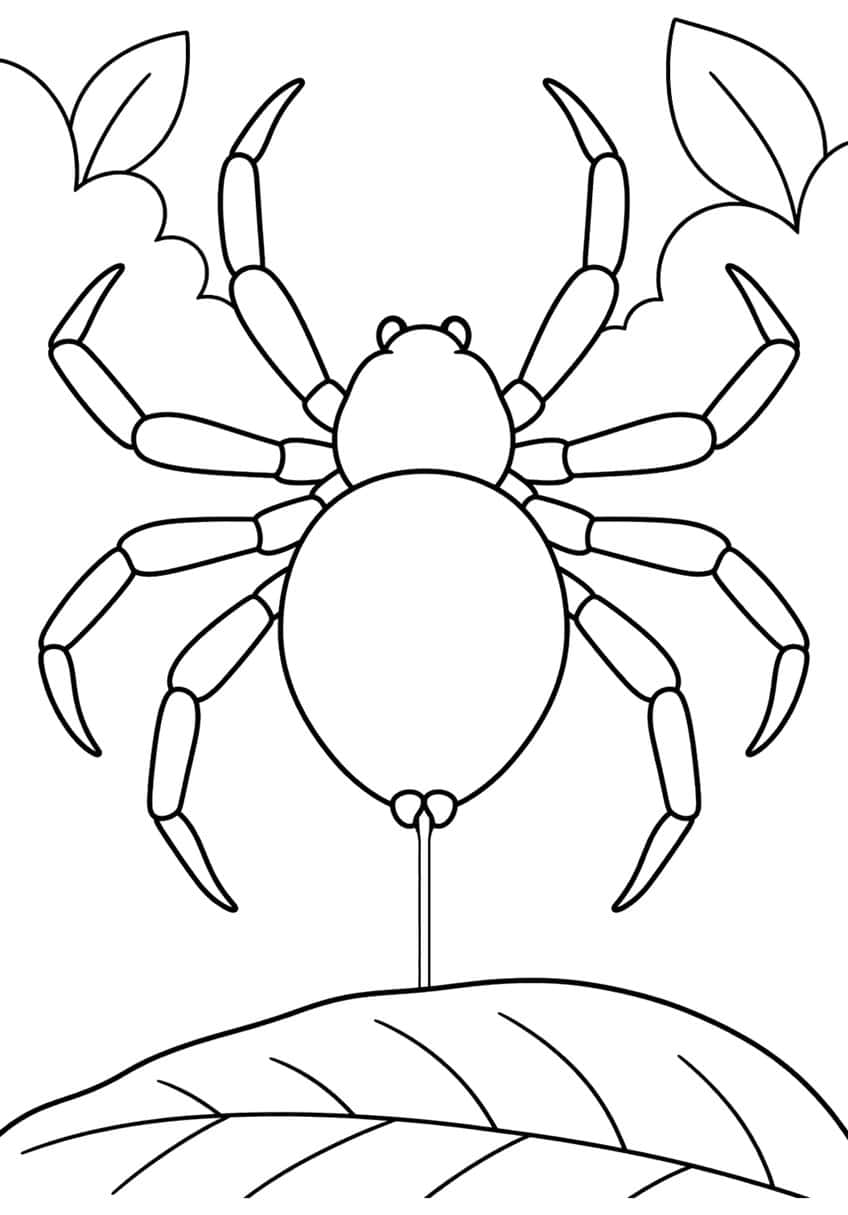 Spider seen from above with eight jointed legs, a silk thread, a ribbed leaf below and two leaves at the top