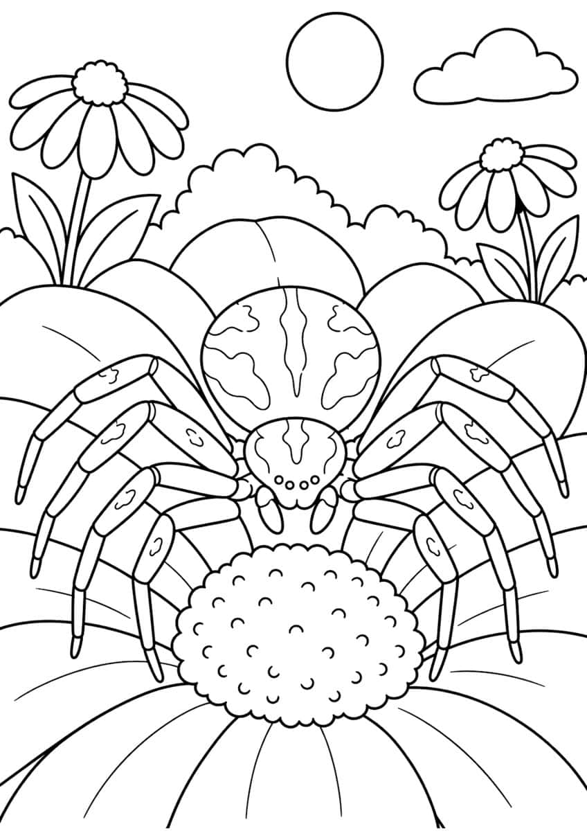 Crab spider on a daisy center with two daisies, bushes, a sun and a cloud