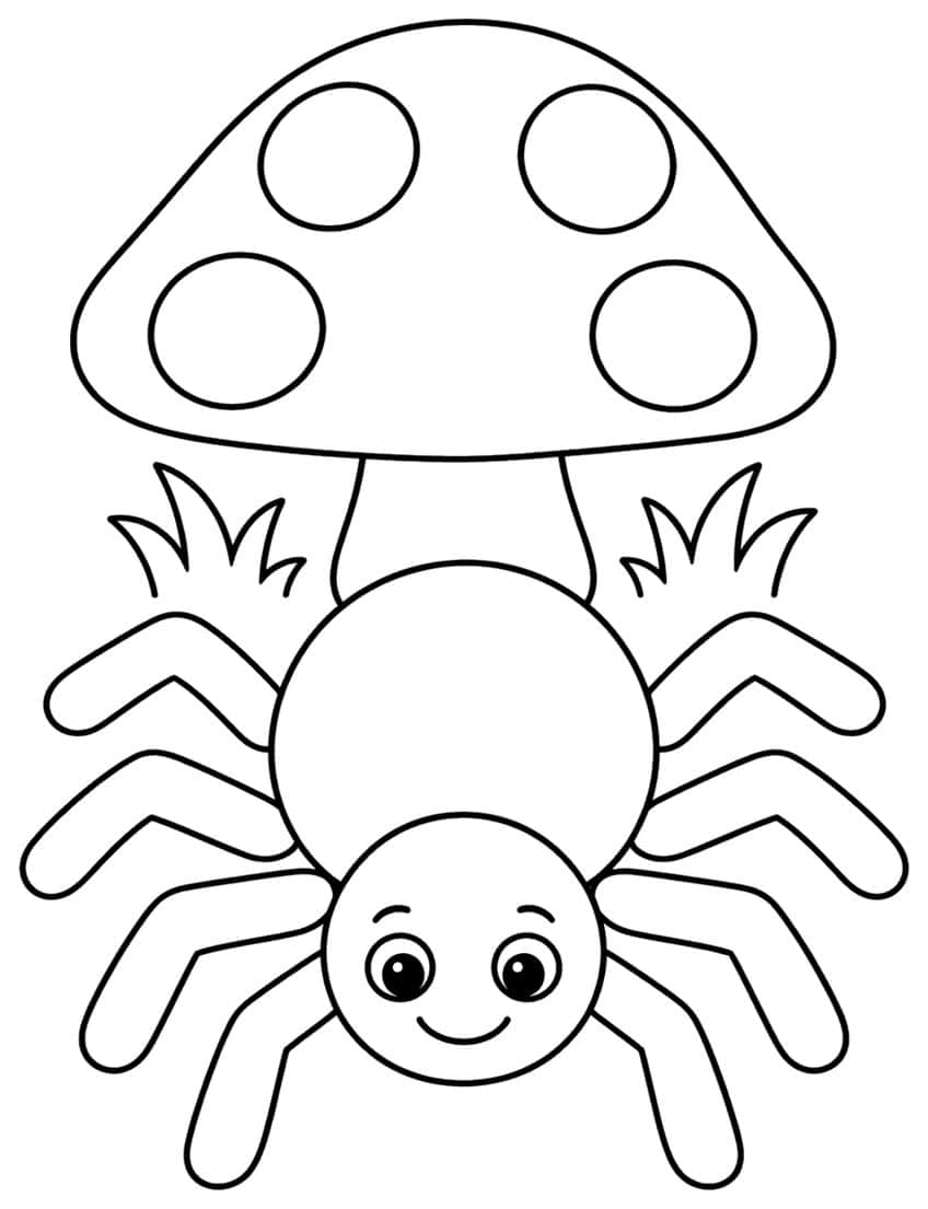 Smiling spider with eight legs under a mushroom with four spots and two grass tufts