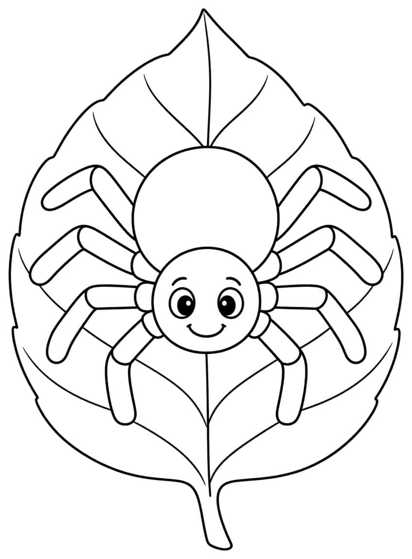 Smiling cartoon spider with eight legs sitting on a large veined leaf with a stem