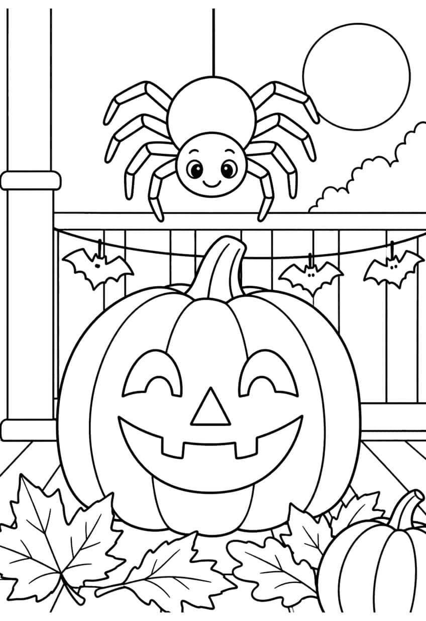 Smiling spider above a grinning jack-o'-lantern, bat garland, moon, porch railing and fallen leaves