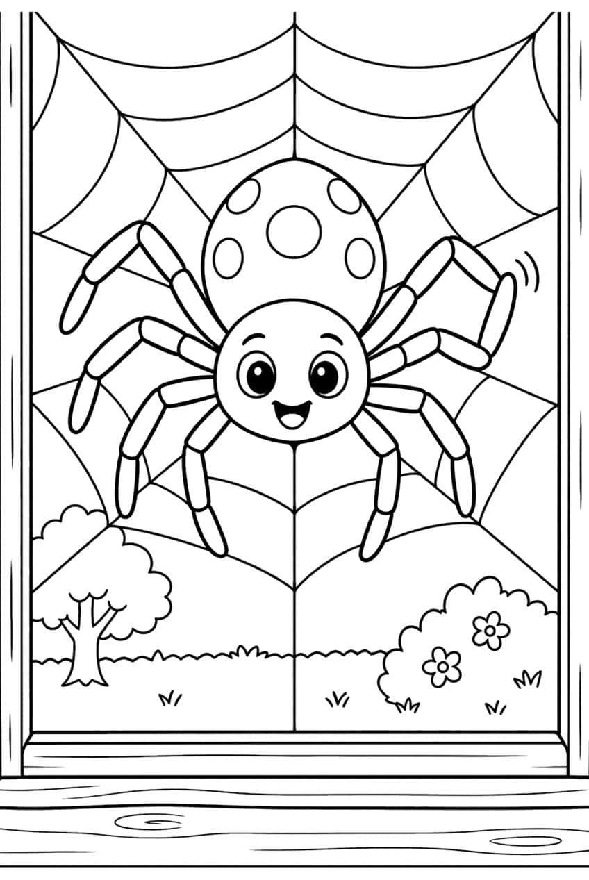 Smiling spider waving in a web inside a window, with tree, bush, flowers and wooden sill