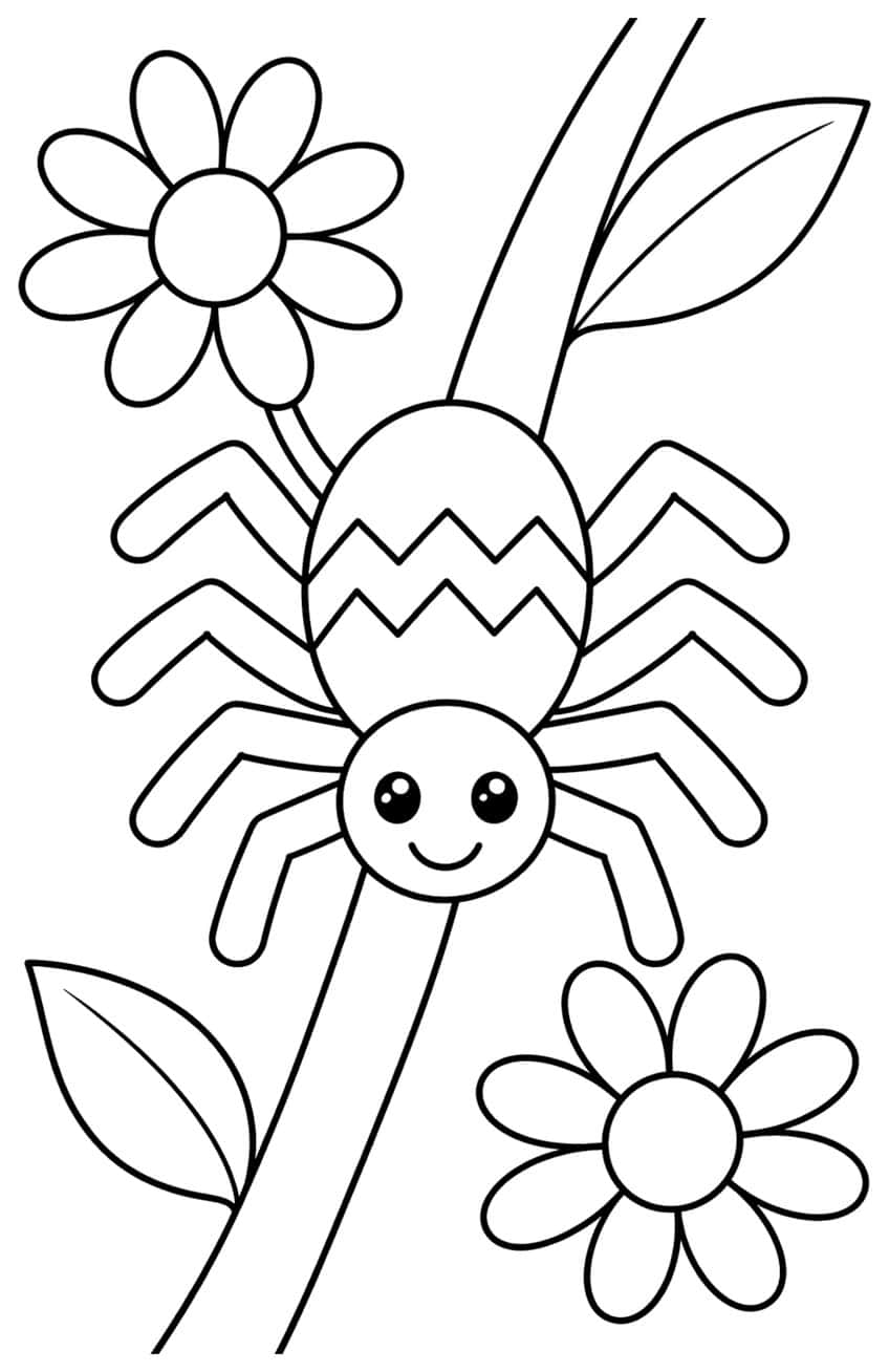 Smiling spider with zigzag body on a plant stem, two daisy-like flowers and two leaves