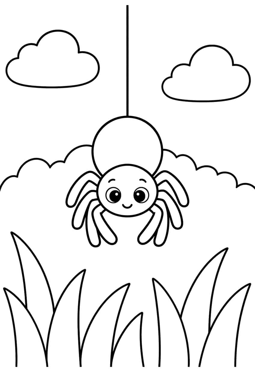 Smiling spider hanging on a thread with clouds and tall grass
