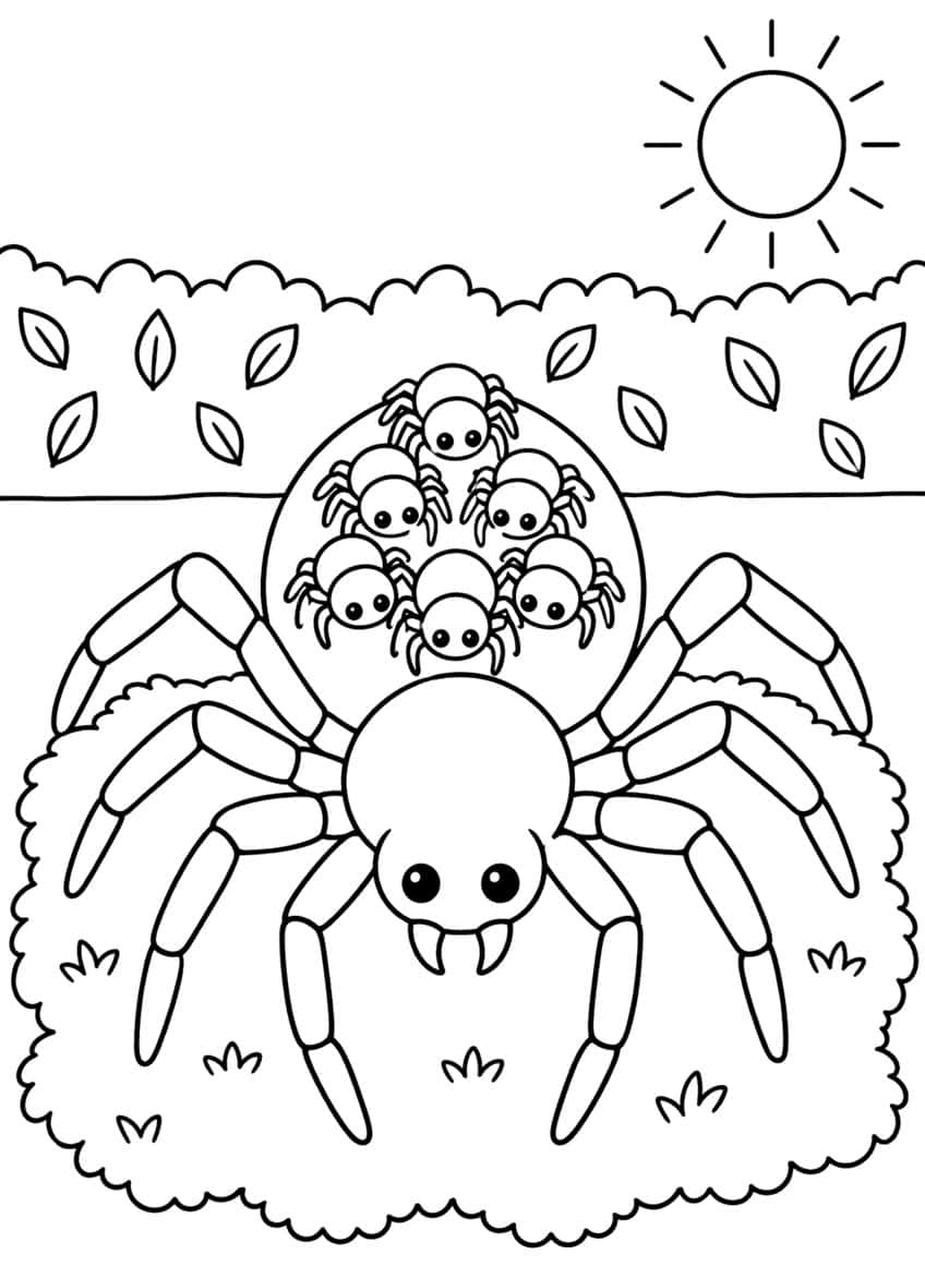 Mother spider with six baby spiders on her back, grass patch, sun, hedge and leaves