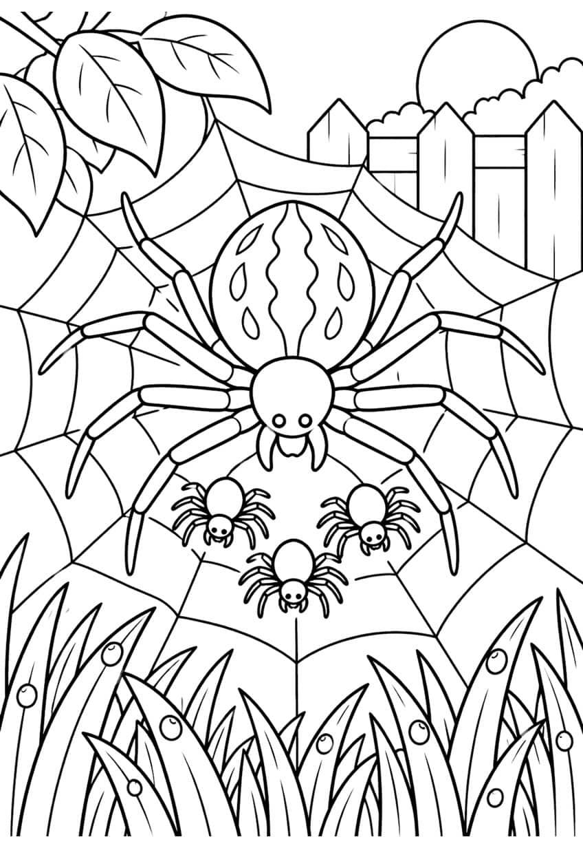 Big spider with three baby spiders on a web, leaves, picket fence, sun and dewy grass