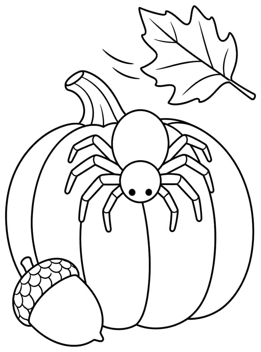 Spider on a ribbed pumpkin with a curved stem, an acorn at lower left and a falling oak leaf above