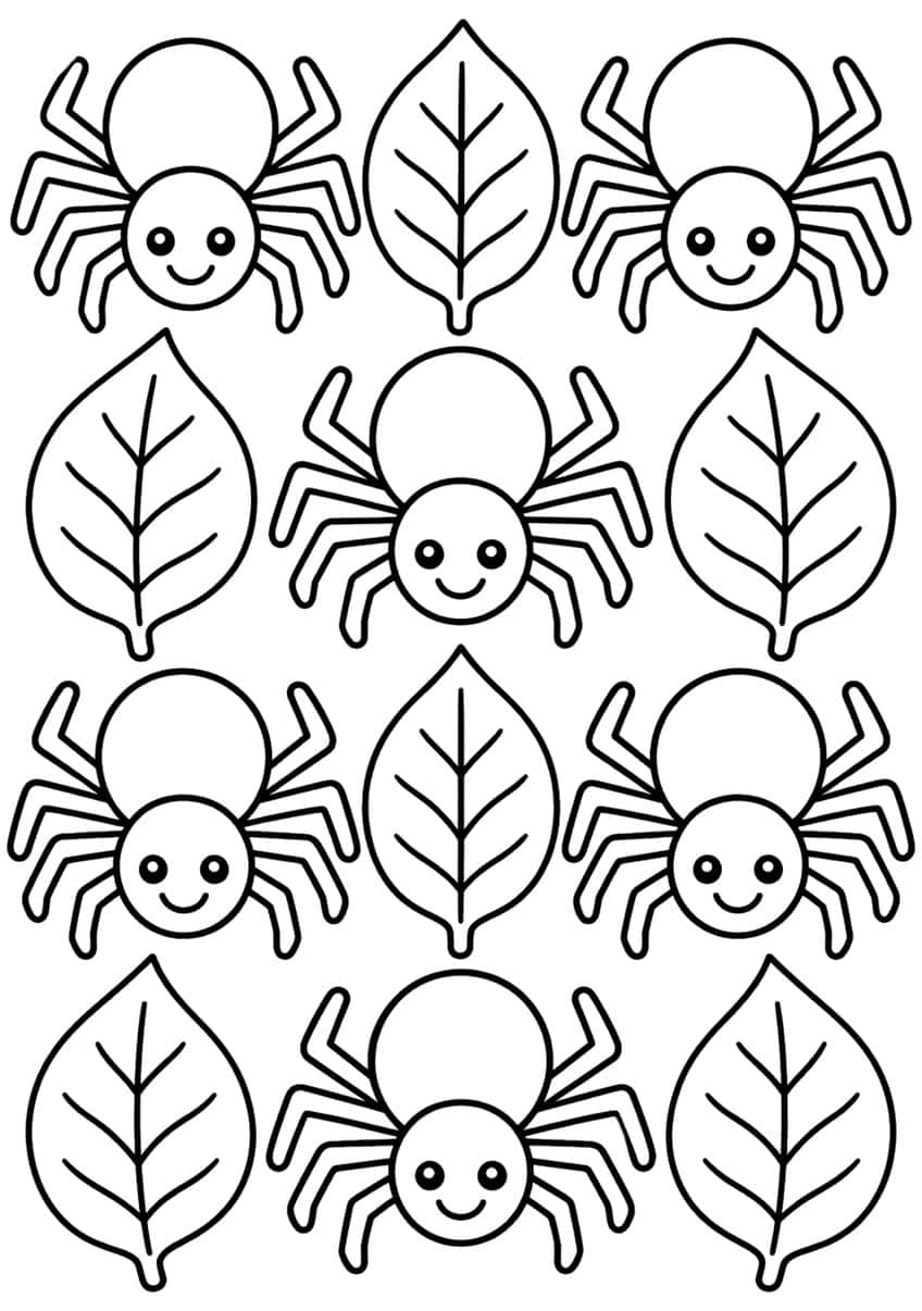 Repeating pattern of six smiling spiders alternating with six veined leaves in a grid