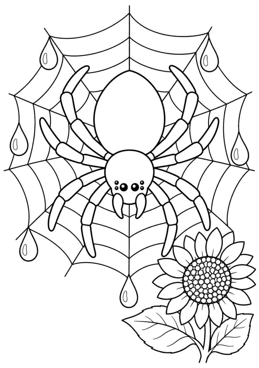 Spider in a web with six dewdrops and a sunflower with leaves in the corner