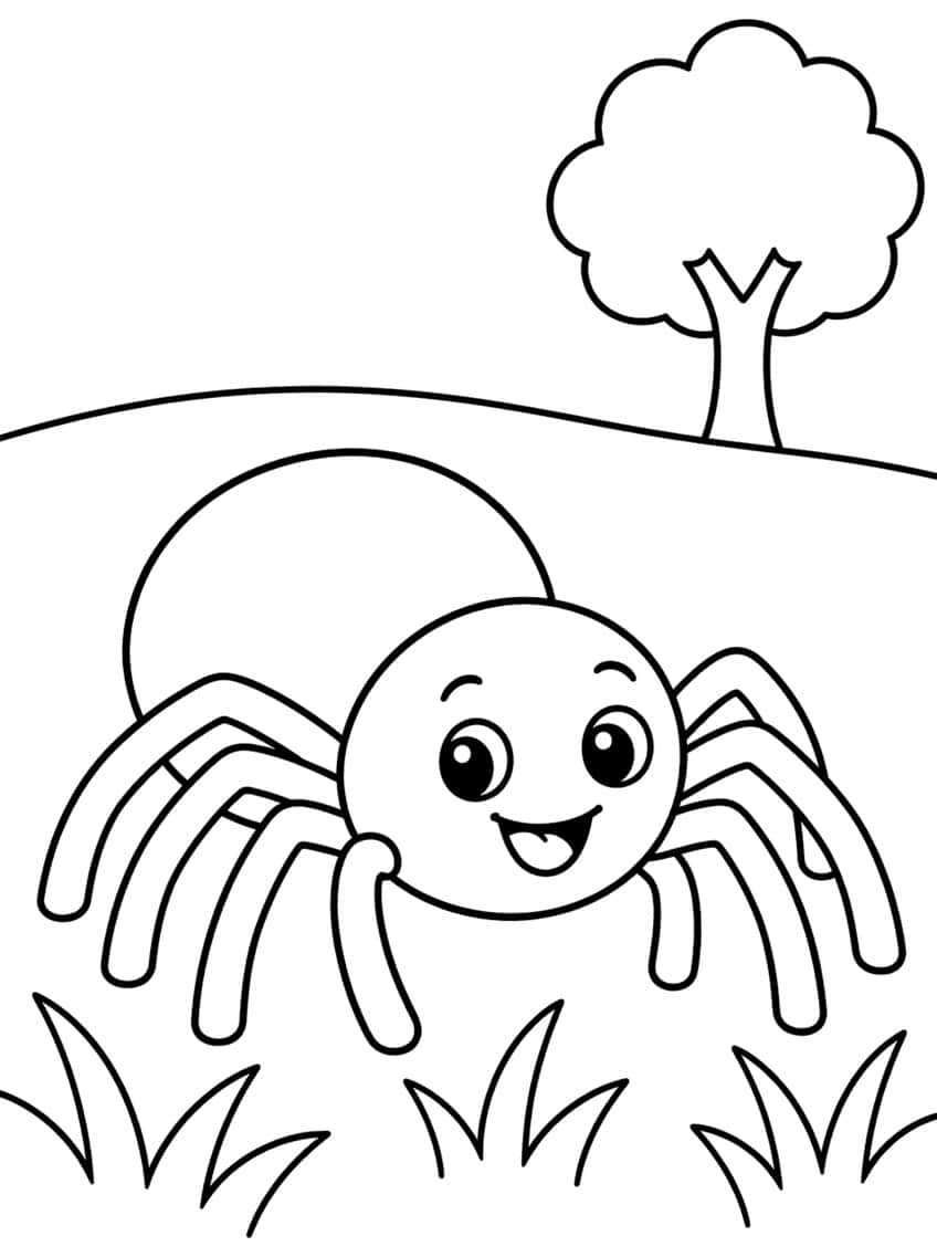 Smiling cartoon spider with long legs walking past grass tufts, with a tree on a hill behind