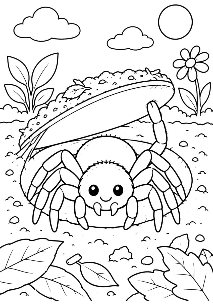 Smiling trapdoor spider under a raised burrow lid with pebbles, leaves, a daisy, clouds and a sun