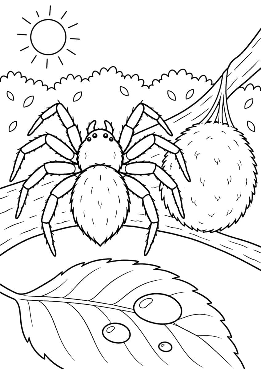 Furry spider next to a hanging egg sac on a branch, with sun, bushes and a leaf with dewdrops