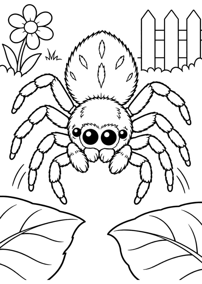 Fuzzy jumping spider leaping between two leaves, with a flower and a picket fence behind