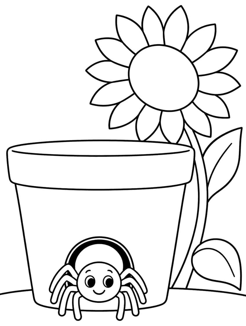 Smiling spider peeking from a hole in a large flowerpot with a tall flower and two leaves beside it