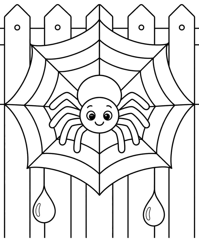 Smiling spider in the center of a web in front of a picket fence, with two dewdrops hanging below