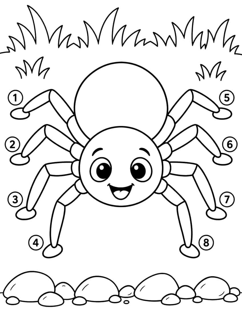 Smiling cartoon spider with eight legs numbered 1 to 8, grass above and pebbles below