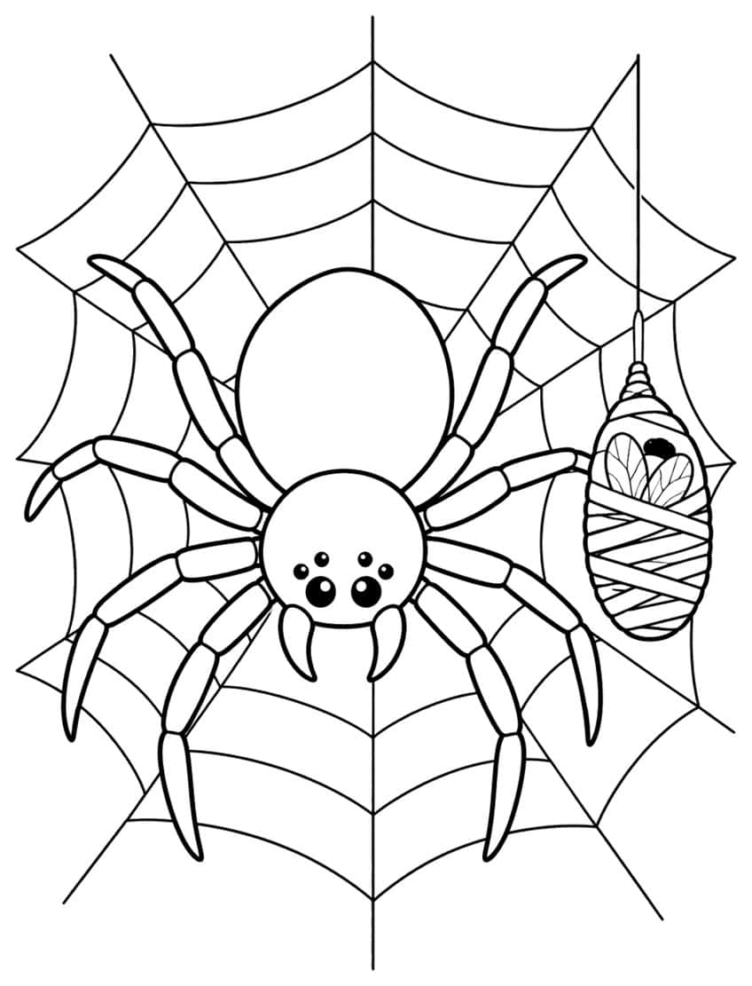Spider with segmented legs in a web beside a small fly wrapped in silk on a hanging thread