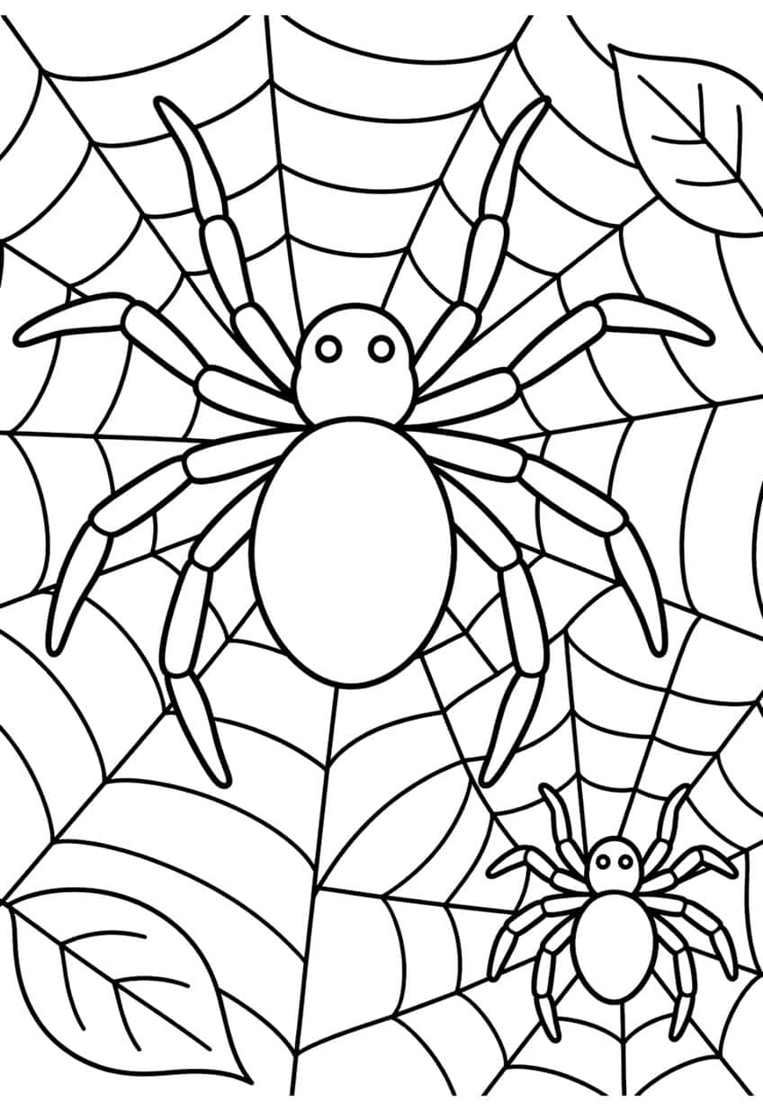 Large and small spiders on a full-page web with two veined leaves in opposite corners