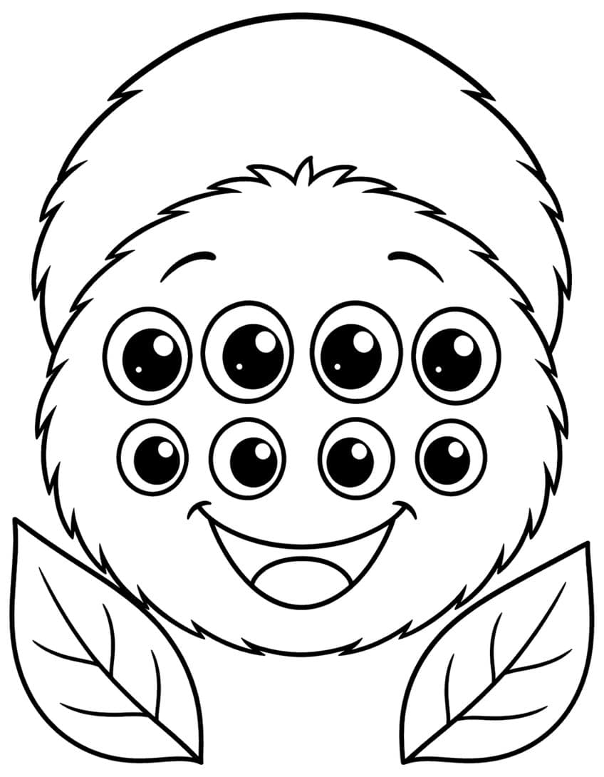 Smiling fuzzy spider face with eight big eyes and two leaves at the bottom