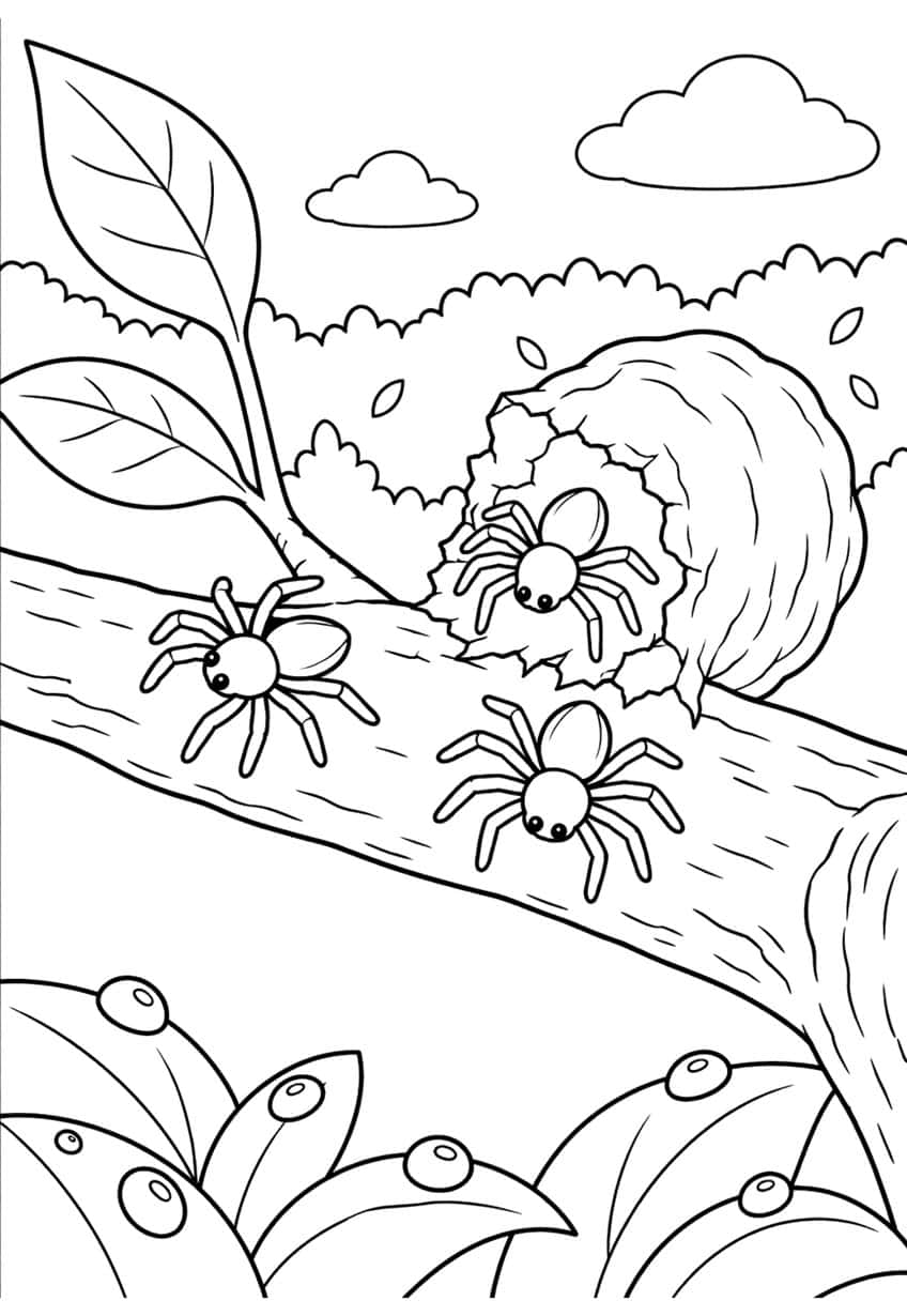 Three baby spiders on a tree branch beside a cracked egg sac, with leaves, bushes and clouds