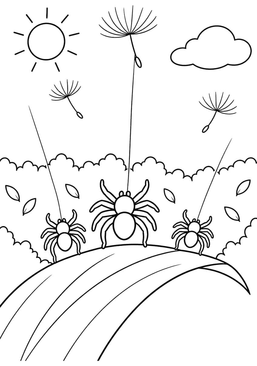 Three spiders on a grass blade with silk threads, dandelion seeds, sun, cloud, bushes and leaves