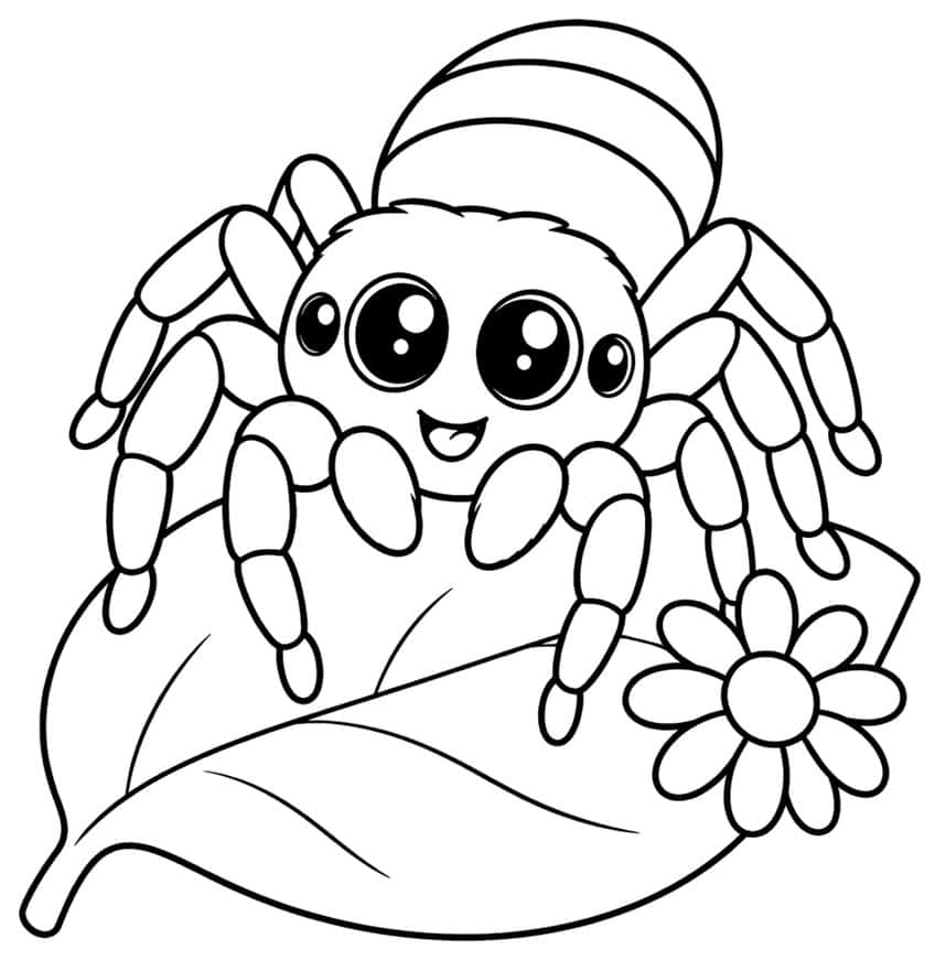 Smiling spider with big eyes, striped body and jointed legs on a large leaf beside a daisy