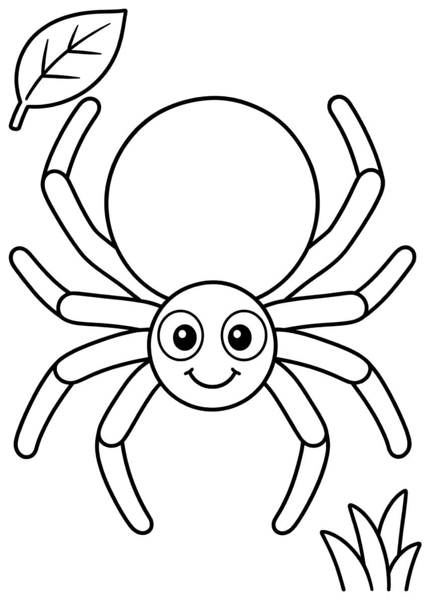 Smiling spider with a large round body, eight legs, a leaf and a grass tuft