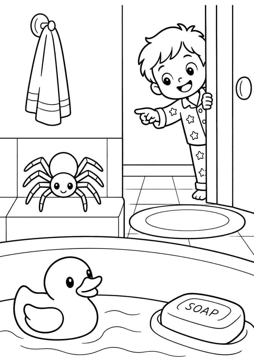 Boy in pajamas pointing at a smiling spider on a bathtub with a rubber duck, soap bar, towel and round rug