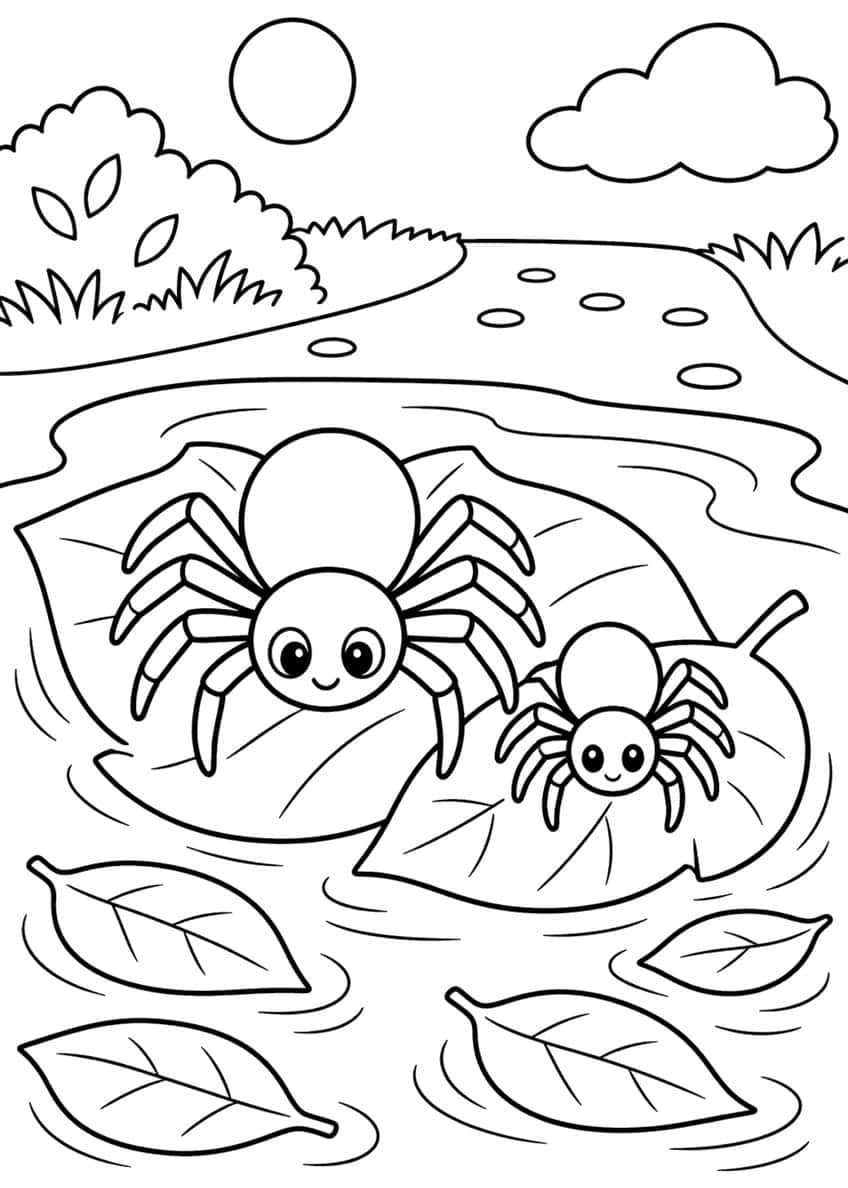 Two smiling spiders on floating leaves in a pond with drifting leaves, a bush, a sun and a cloud