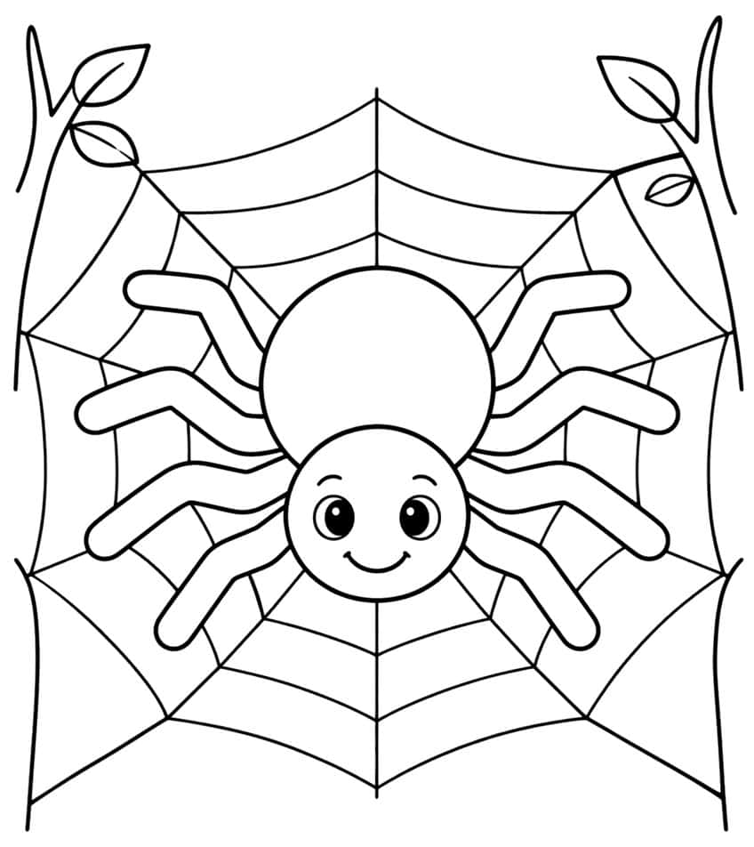 Smiling spider with eight legs in a web strung between two twigs with leaves