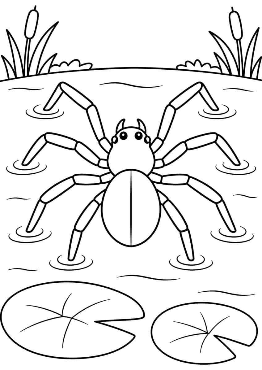 Spider standing on pond water with ripples, two lily pads, cattails and grass