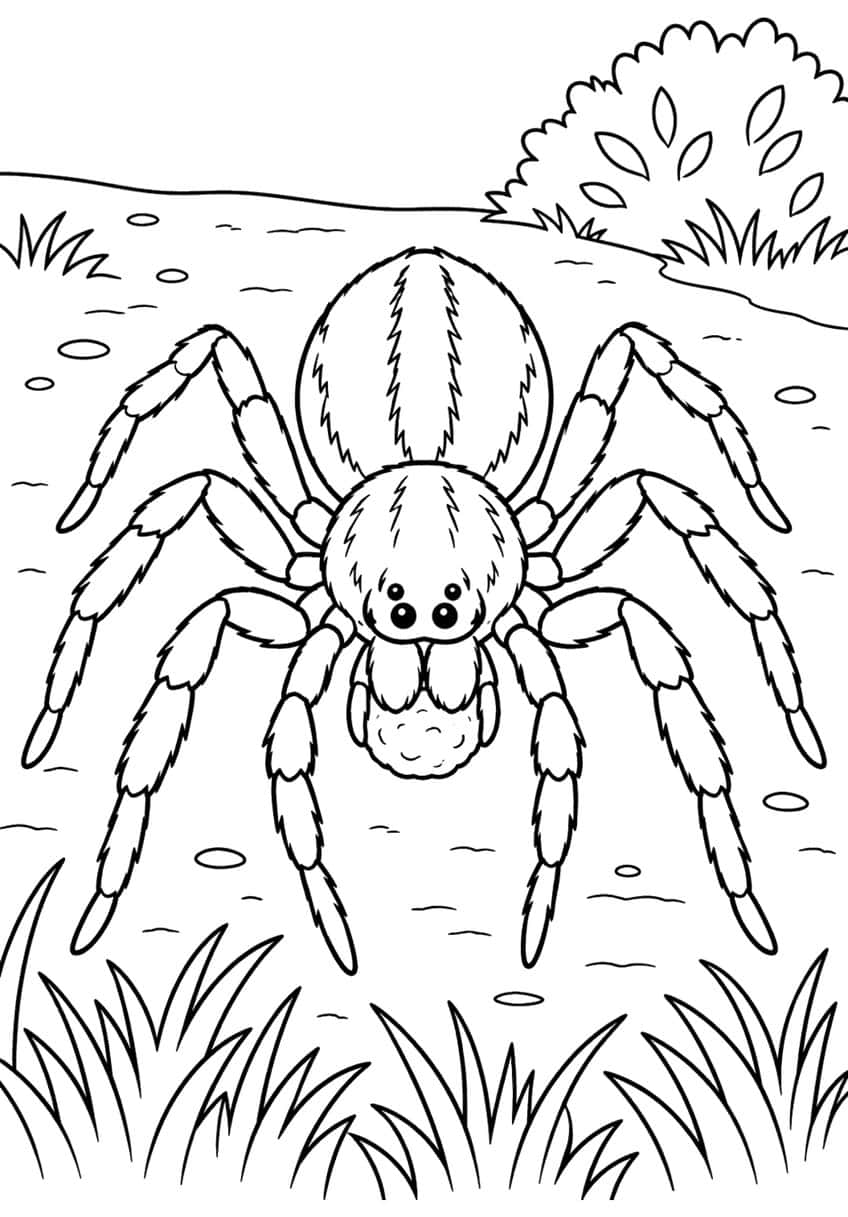 Furry wolf spider with two big eyes and eight banded legs on bare ground, with grass and a bush