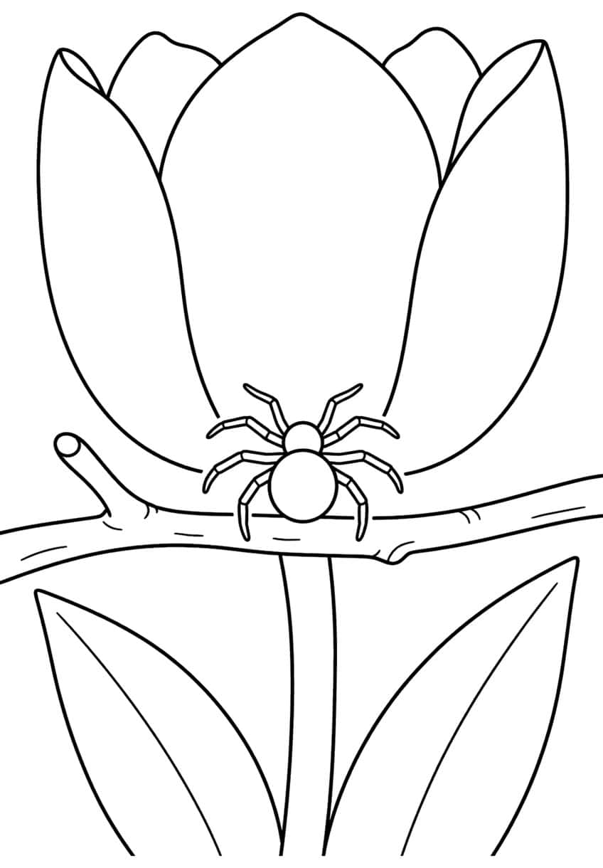 Tiny spider on a twig in front of a big tulip flower with two leaves