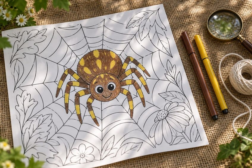 spider coloring page partly colored in with pencils
