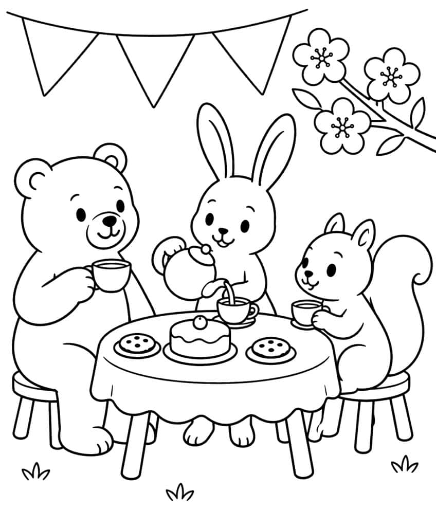 Coloring page of a bear, bunny and squirrel having tea and cake at a table outdoors