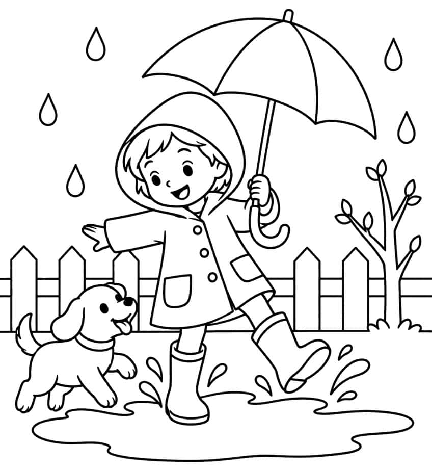 Coloring page of a child with an umbrella splashing in a puddle next to a puppy in the rain