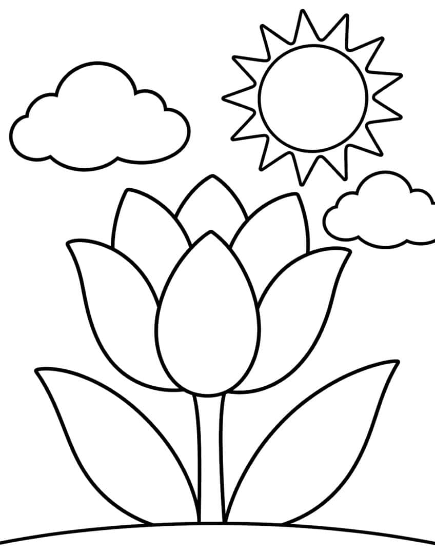 Coloring page of a big tulip with two leaves on a hill, a sun and two clouds