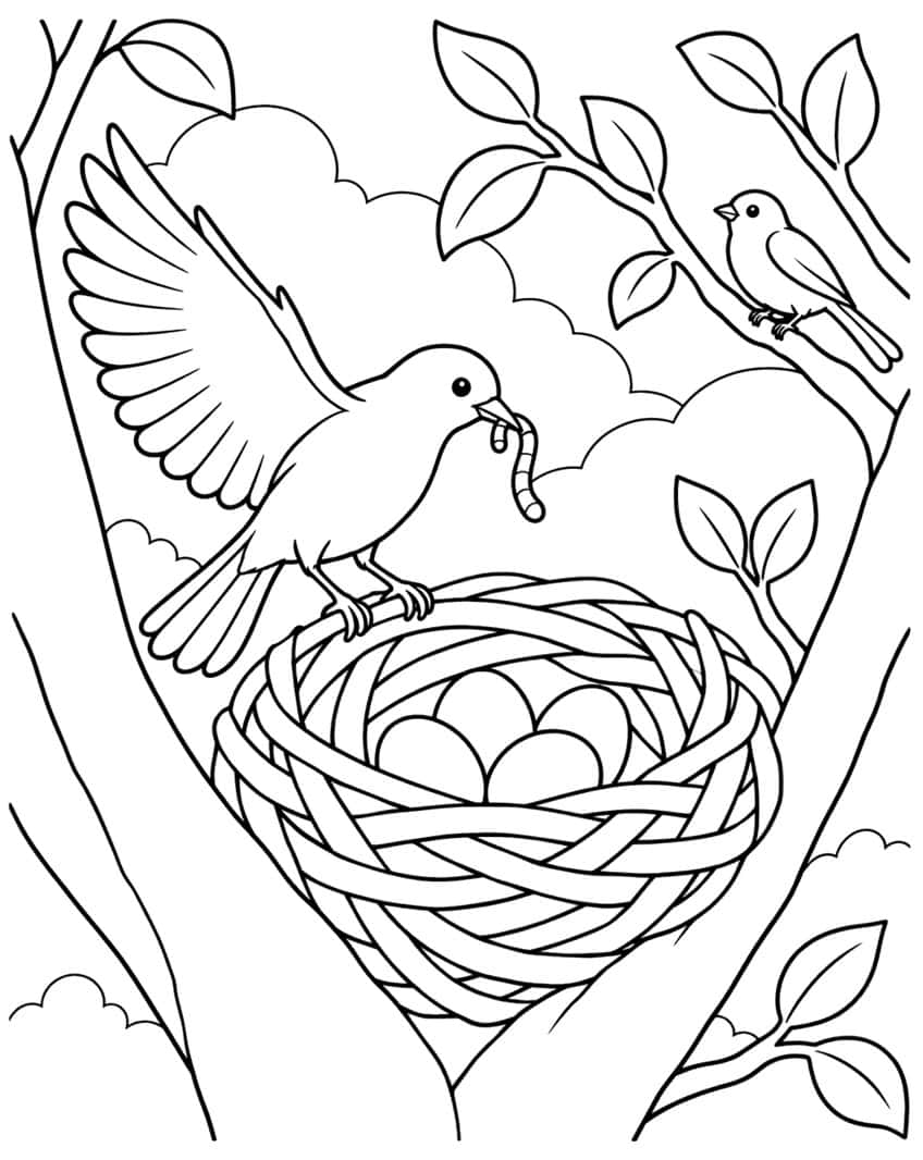 Coloring page of a bird with a worm landing on a nest with three eggs in a leafy tree