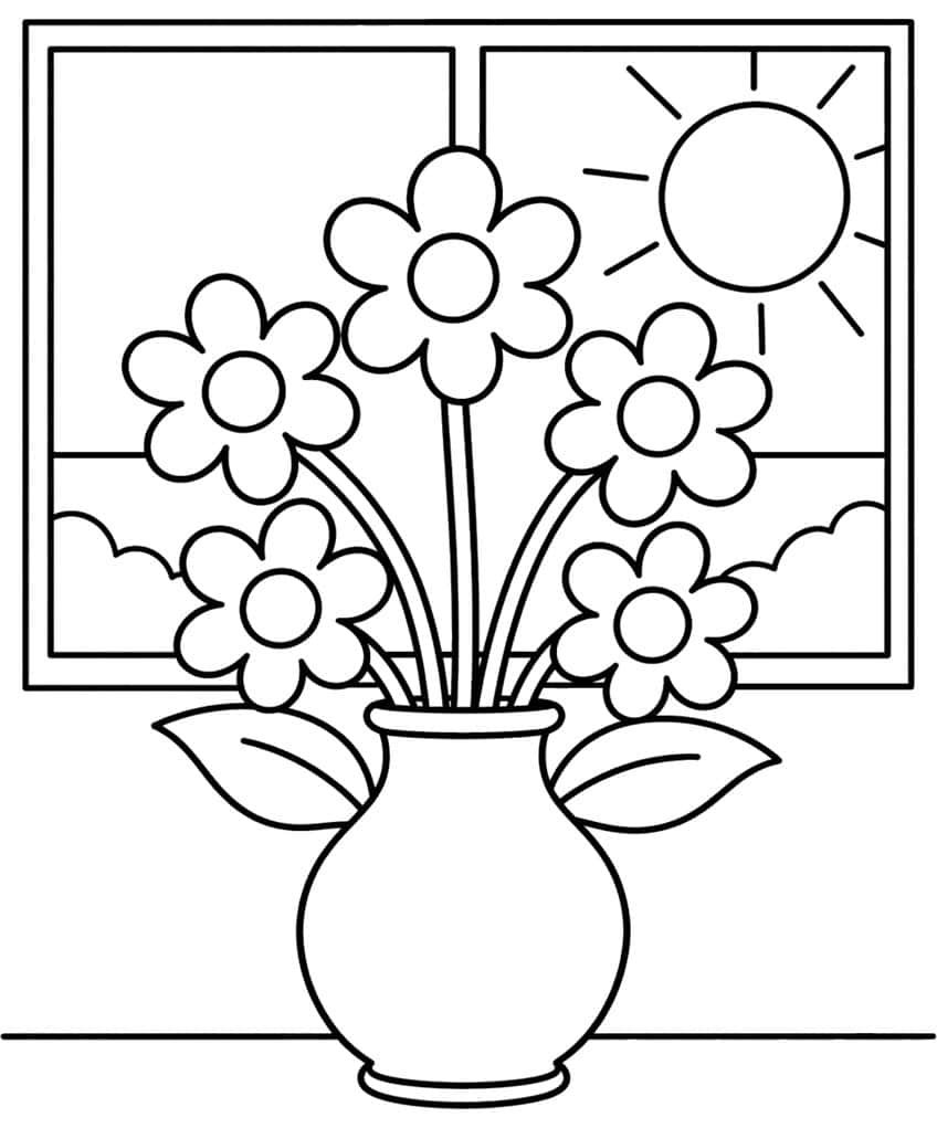 Coloring page of five daisies in a vase in front of a window with sun and bushes