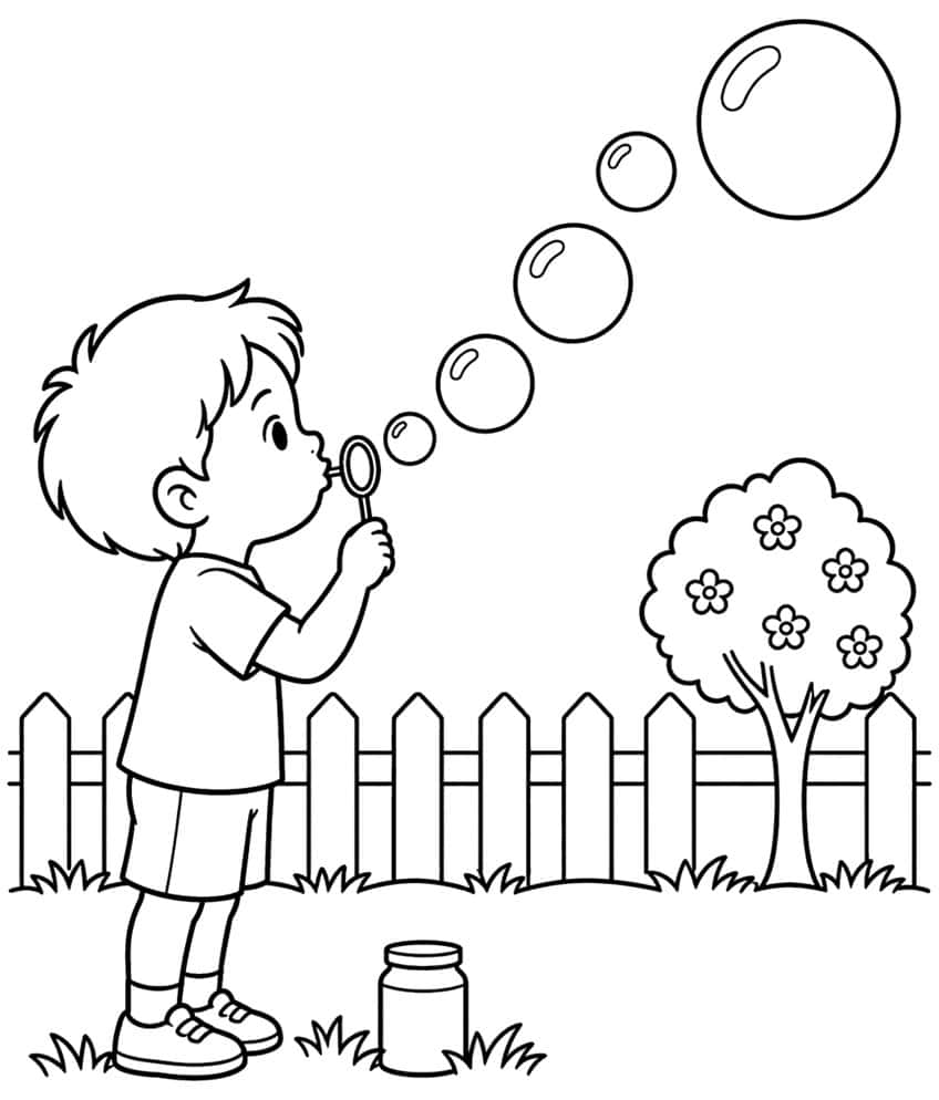 Coloring page of a boy blowing soap bubbles next to a picket fence and a flowering tree