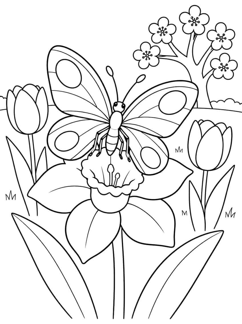 Coloring page of a butterfly on a daffodil between two tulips, with a flowering tree behind