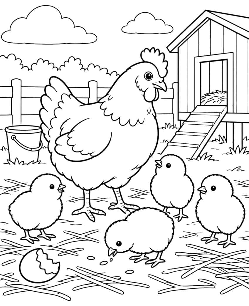 Coloring page of a hen with four chicks, a cracked egg and a chicken coop in a farmyard